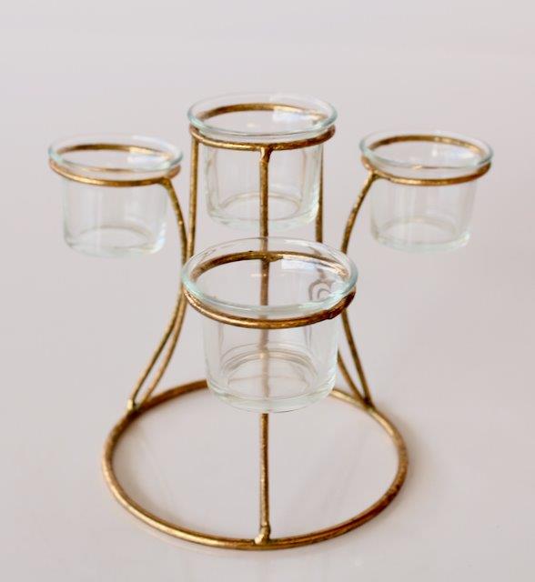 4 GLASS TEALIGHT & METAL CANDLE HOLDER  17X22CM